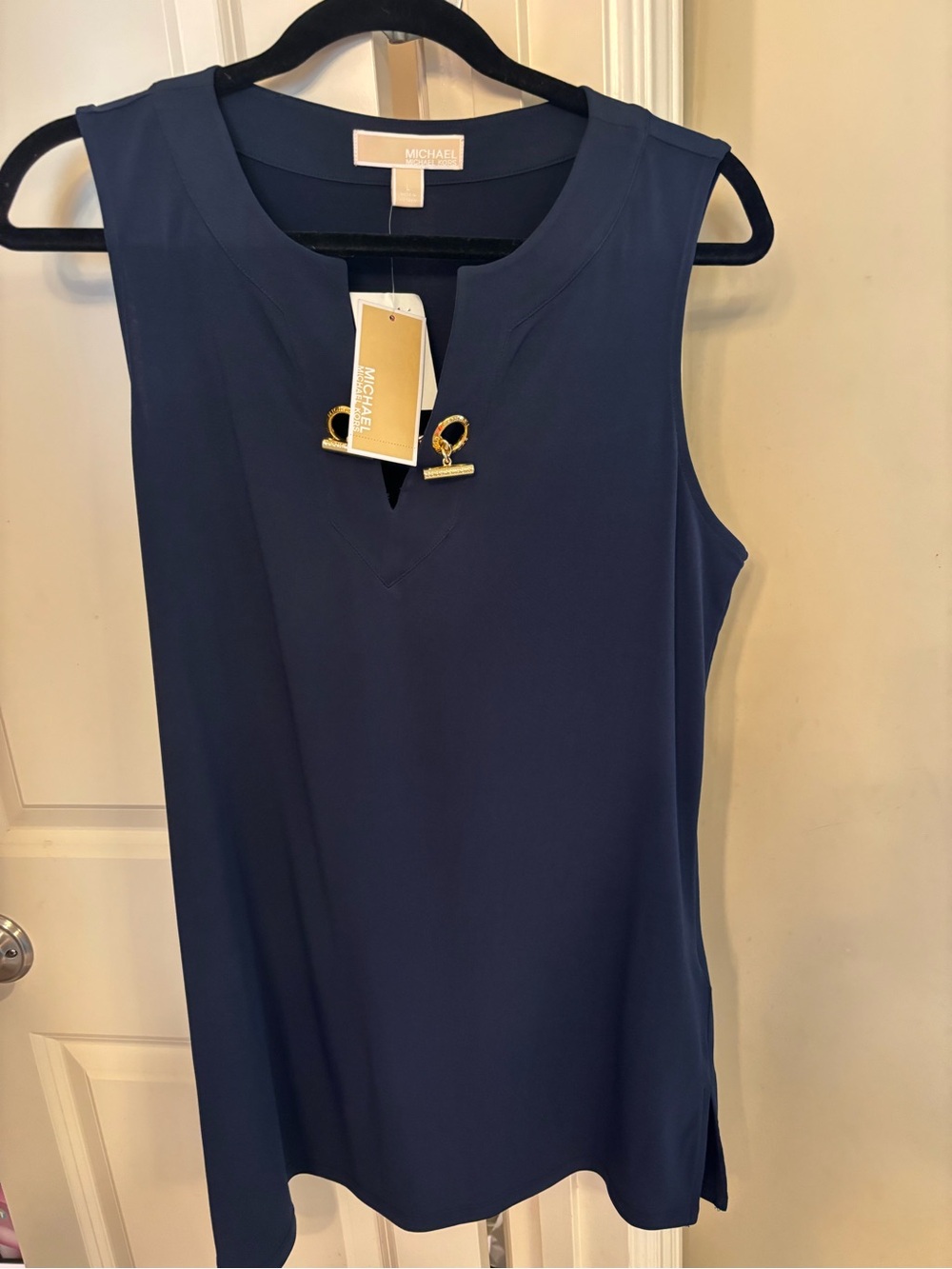 Michael Kors Navy Sleeveless V-Keyhole Tank with Gold Hardware